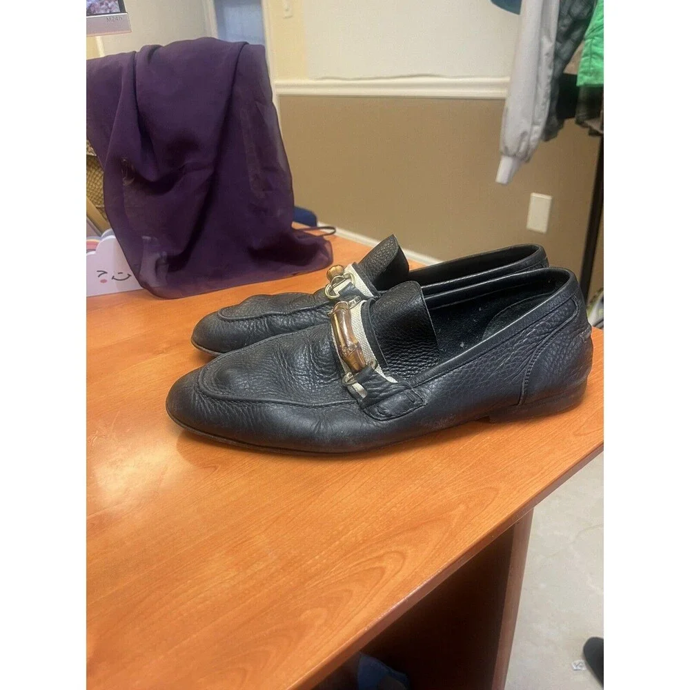 $820 Mens Black Leather‎ Gucci Bamboo Bit Loafers Sz 8.5 US Made In ITALY